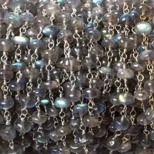 Labradorite Plain Rondell Wire Wrapped Rosary Chain. "Wire Wrapped 1 Feet Roll Chain" 925RC147